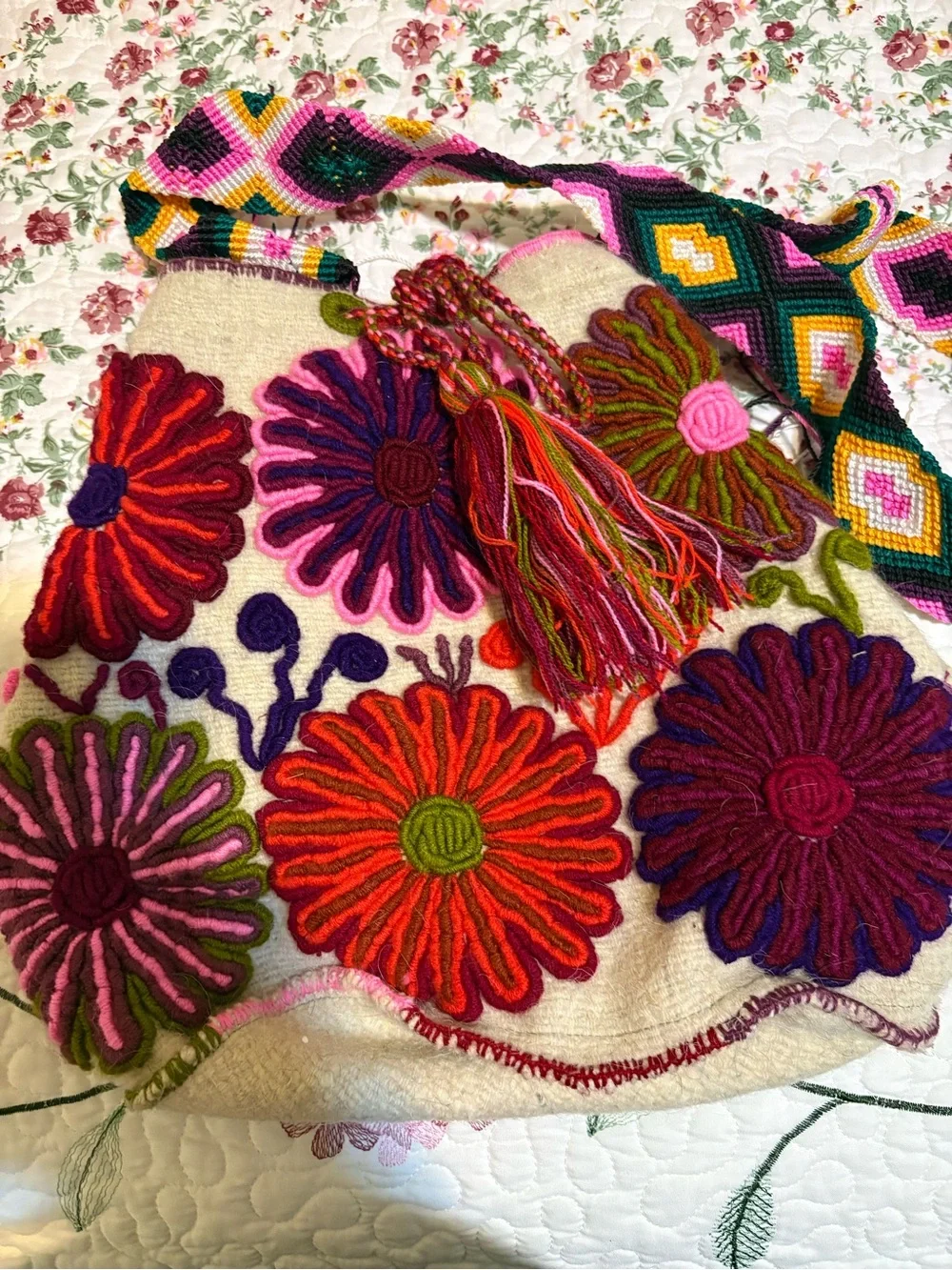 Handcrafted Floral Embroidered Shoulder Bag - Pink & Multicolor